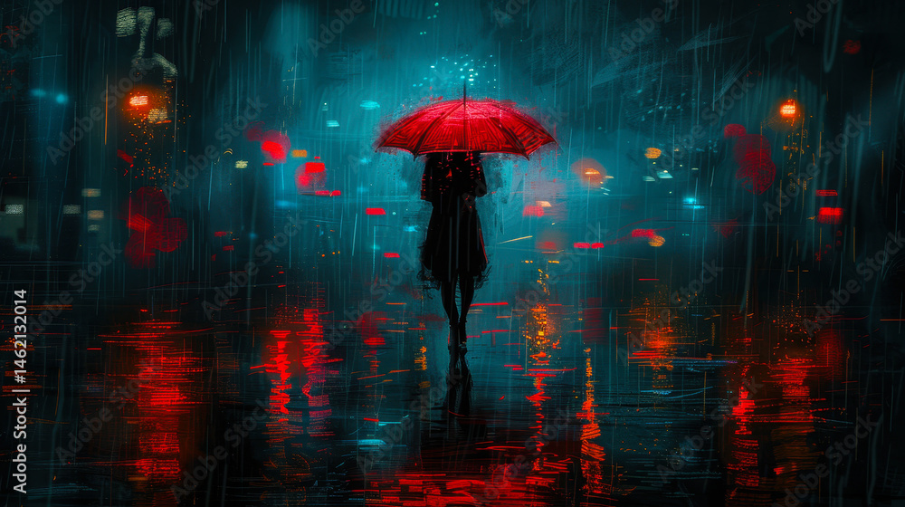 Lonely Woman with Red Umbrella in Rainy Night Cityscape, Digital Painting, Moody Urban Scene with Lights Reflection, Emotional Solitude, Dark Atmospheric Artwork