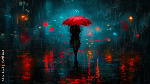 Obraz na płótnie Lonely Woman with Red Umbrella in Rainy Night Cityscape, Digital Painting, Moody Urban Scene with Lights Reflection, Emotional Solitude, Dark Atmospheric Artwork w salonie
