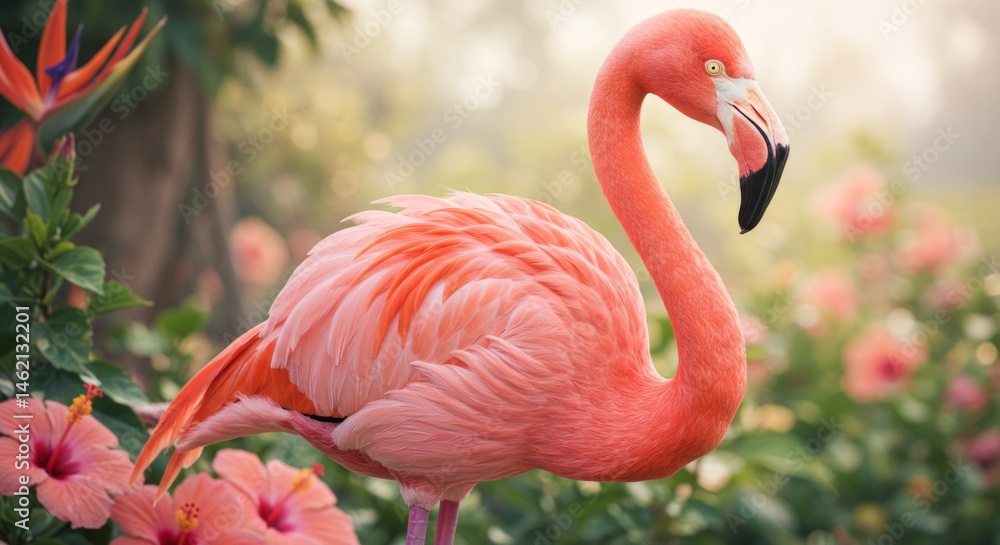 Obraz premium Captivating portrait of a flamingo amidst a botanical garden setting
