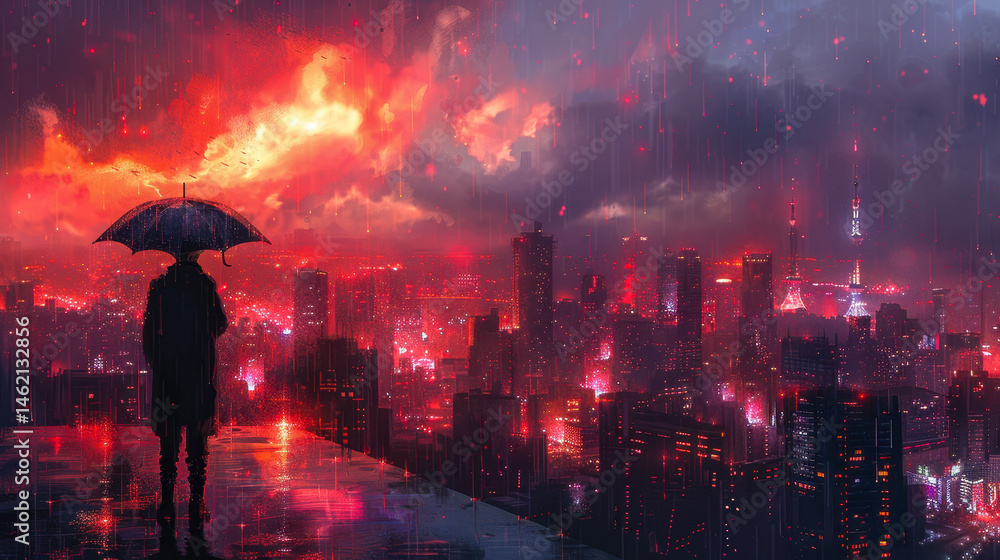 Man with Magic Umbrella Destroying Futuristic City at Twilight in Sci-Fi Digital Artwork, Dystopian Rainy Scene with Dramatic Lighting and Fiery Sky, Concept of Chaos and Power