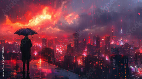 Obraz na płótnie Man with Magic Umbrella Destroying Futuristic City at Twilight in Sci-Fi Digital Artwork, Dystopian Rainy Scene with Dramatic Lighting and Fiery Sky, Concept of Chaos and Power w salonie