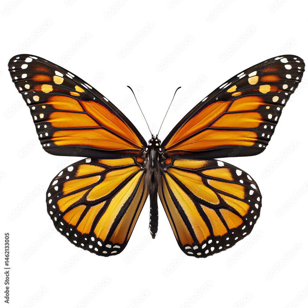 Fototapeta premium Monarch butterfly with orange and black wings against a white background. The butterfly's wings are fully spread, showing its intricate details. 