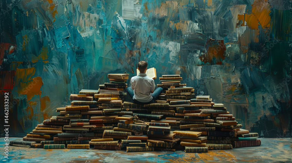 Man Reading Book on Pile of Books Against Abstract Art Wall, Knowledge Concept, Surreal Illustration, Study Inspiration, Midday Contemplation, Intellectual Curiosity, Artistic Setting, Relaxed Mood