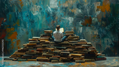 Obraz na płótnie Man Reading Book on Pile of Books Against Abstract Art Wall, Knowledge Concept, Surreal Illustration, Study Inspiration, Midday Contemplation, Intellectual Curiosity, Artistic Setting, Relaxed Mood w salonie