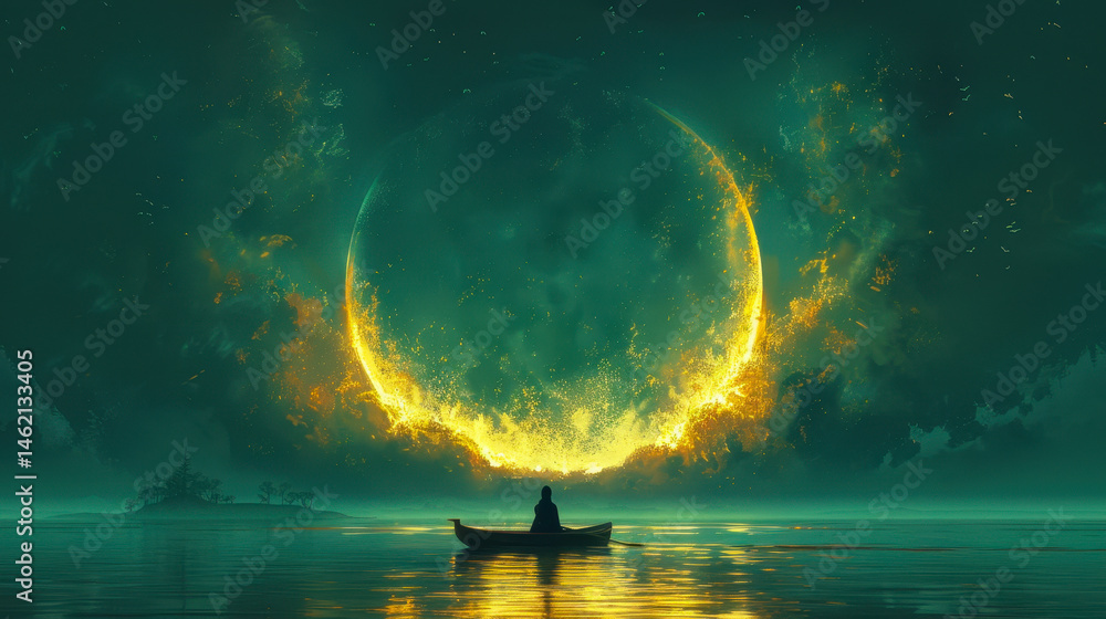 Young Man Rowing Boat in Luminous Moonlit Sea at Night, Digital Art, Dreamy Surreal Painting, Tranquil Landscape, Nature Reflection, Enchanted Fantasy Journey Under Crescent Moon