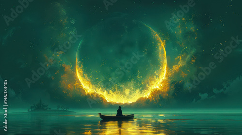 Obraz na płótnie Young Man Rowing Boat in Luminous Moonlit Sea at Night, Digital Art, Dreamy Surreal Painting, Tranquil Landscape, Nature Reflection, Enchanted Fantasy Journey Under Crescent Moon w salonie