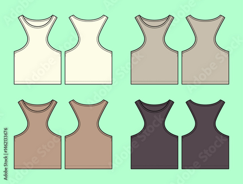 Women summer fashion crop tank top colour way set technical drawing fashion flat sketch vector illustration template front and back views outline CAD mockup