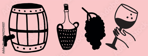 Winemaking. The process of making wine. Drawing, engraving, ink, line art, vector	
