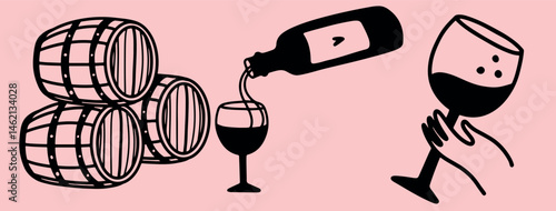 Winemaking. The process of making wine. Drawing, engraving, ink, line art, vector	
