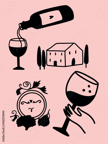 Winemaking. The process of making wine. Drawing, engraving, ink, line art, vector	
