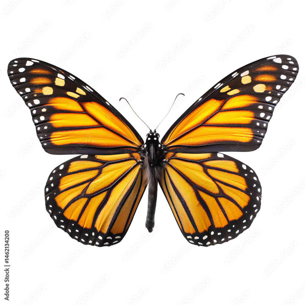 Fototapeta premium A Monarch butterfly displays its colorful wings, showcasing intricate patterns. It's a moment of delicate beauty and natural wonder