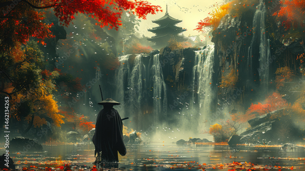 Samurai in Tranquil Waterfall Garden with Swords and Autumn Foliage, Digital Art Illustration, Serene Warrior Scene, Japanese Culture at Dusk