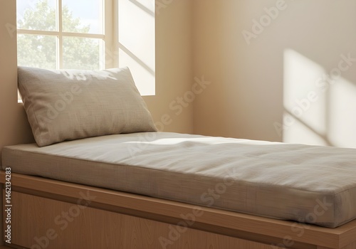 Beige linen cushion on a window seat bathed in sunlight. Serene and minimalist.
