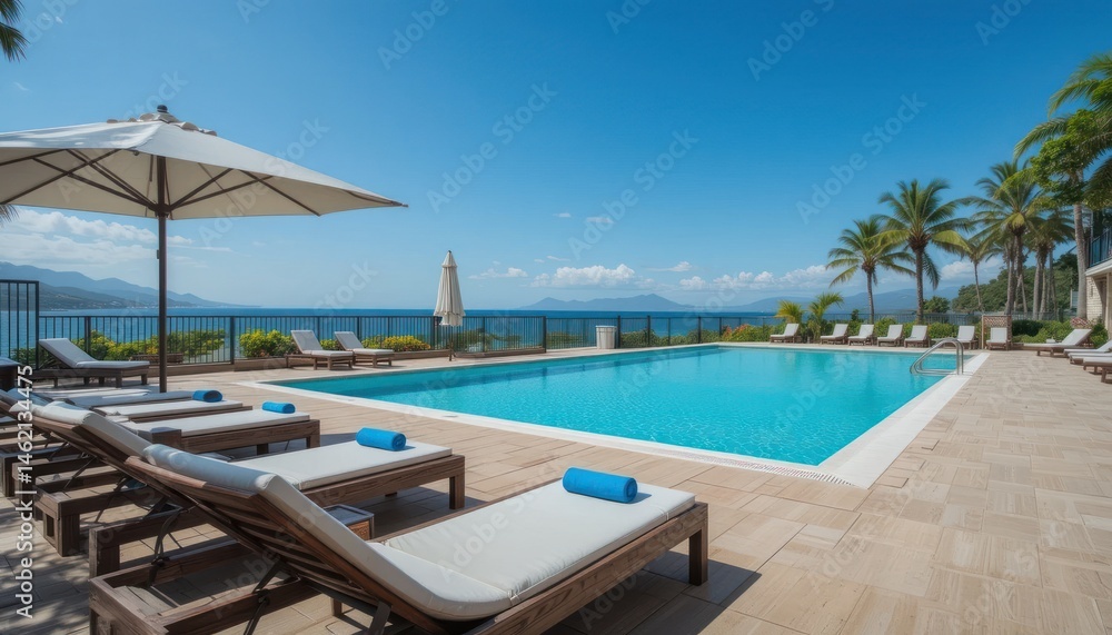 Obraz premium Modern residence - hotel , with swimming pol and sunbeds