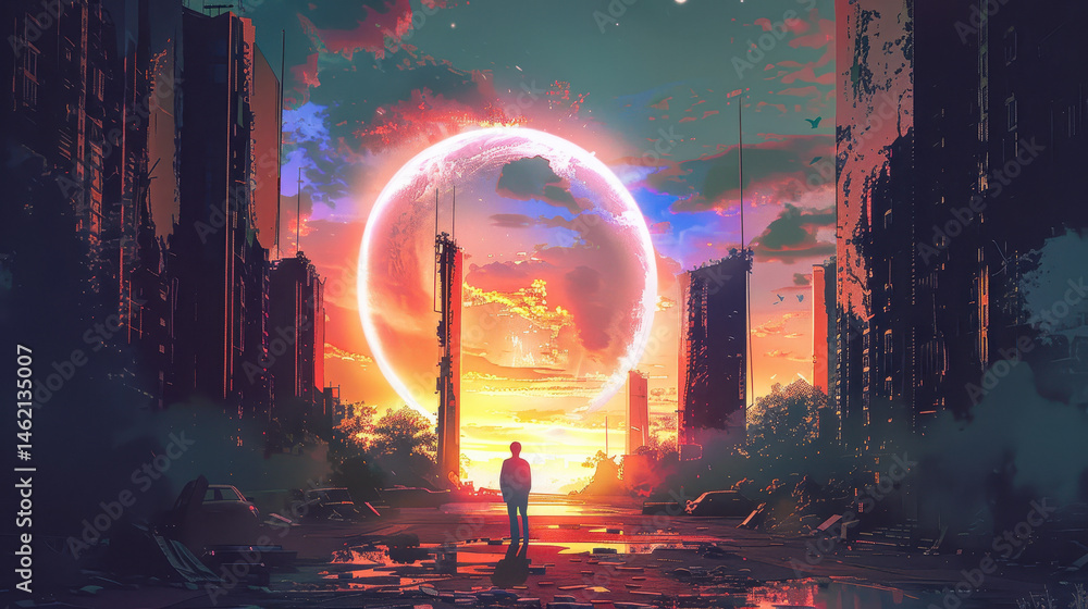 Young Boy Staring at Enchanted Gateway in Abandoned Urban City at Sunset, Digital Art Illumination Depicting Hopeful Journey to Magical Realm