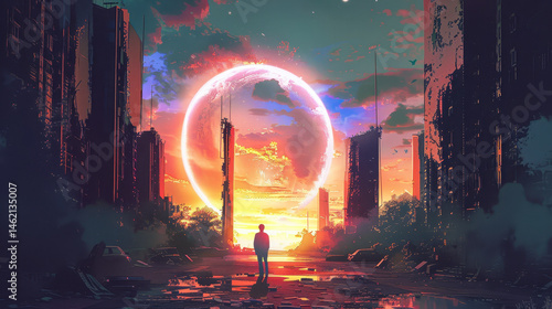 Obraz na płótnie Young Boy Staring at Enchanted Gateway in Abandoned Urban City at Sunset, Digital Art Illumination Depicting Hopeful Journey to Magical Realm w salonie