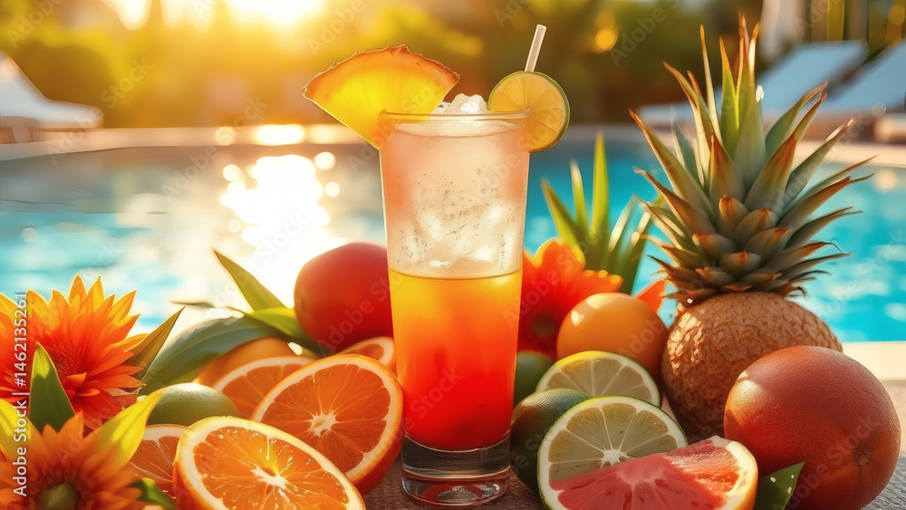 Fototapeta premium Refreshing tropical summer drink served poolside with fresh fruit garn