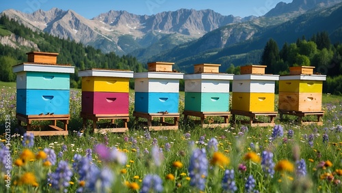 Colorful beehives in vibrant meadow with mountains