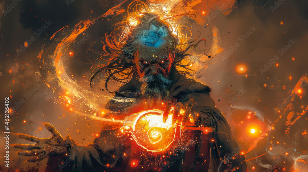 Angry Sorcerer Casting Spell with Magic Gem in Fiery Setting, Digital Art of Evil Spirits, Mystical and Dark Fantasy, Nighttime Illustration, Malevolent Wizard and Supernatural Power