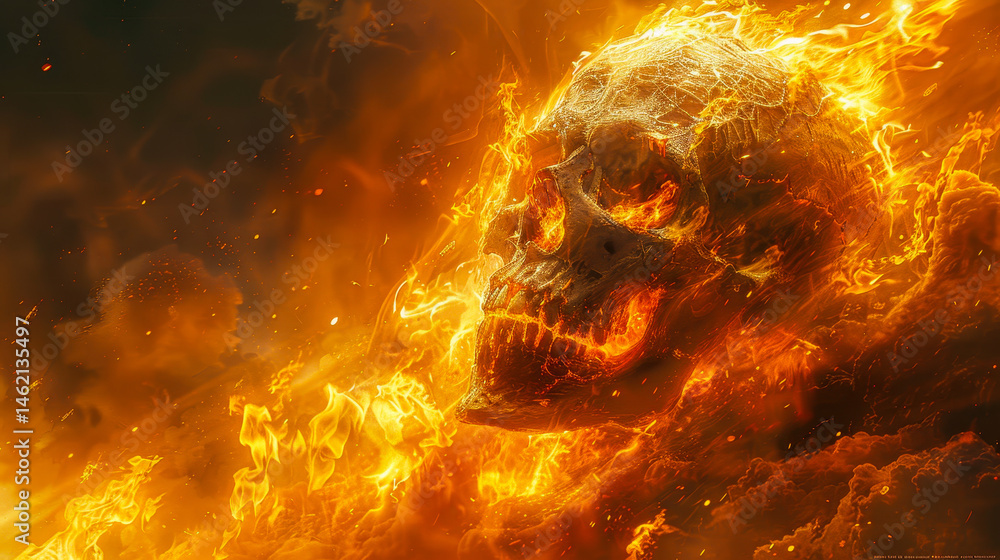 Fiery Demon Skull Engulfed in Flames Amidst Hellfire, Dark Horror Illustration with Intense Atmosphere and Apocalyptic Theme for Halloween or Fantasy Art
