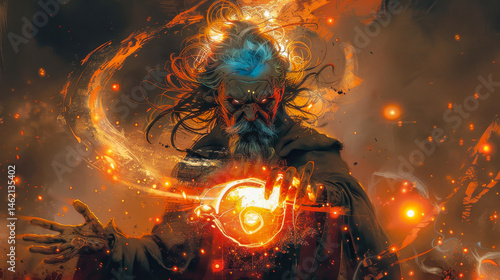 Obraz na płótnie Angry Sorcerer Casting Spell with Magic Gem in Fiery Setting, Digital Art of Evil Spirits, Mystical and Dark Fantasy, Nighttime Illustration, Malevolent Wizard and Supernatural Power w salonie