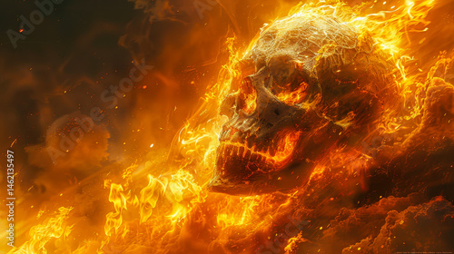Fiery Demon Skull Engulfed in Flames Amidst Hellfire, Dark Horror Illustration with Intense Atmosphere and Apocalyptic Theme for Halloween or Fantasy Art