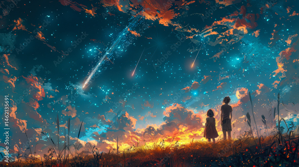 Brother and Sister Stargazing in Meadow During Meteor Shower, Digital Art Illustration, Nostalgic Evening Sky, Scenic View of Nighttime Landscape, Inspiring Concept for Family and Nature