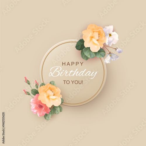 Stylish greeting card with realistic flower compositions on a beige flat background
