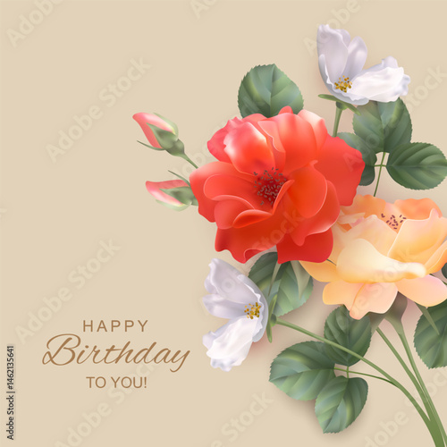 Floral birthday card. Composition of roses, leaves and white flowers on a flat background