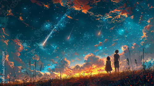Obraz na płótnie Brother and Sister Stargazing in Meadow During Meteor Shower, Digital Art Illustration, Nostalgic Evening Sky, Scenic View of Nighttime Landscape, Inspiring Concept for Family and Nature w salonie
