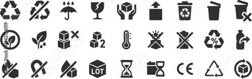 Recycling and packaging glyph icon set. Vector pictograms of compostable, biodegradable, leaf, reusable, trash bin, umbrella, raindrop, fragile, black sign silhouette illustration.