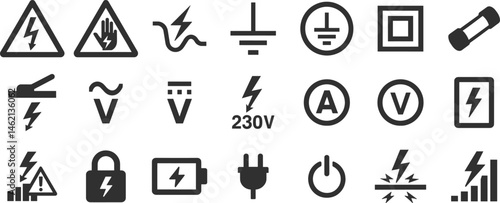 Electrical voltage marking glyph icon set. Vector pictograms of power plug, lightning, hazard, fuse, energy, warning tagout, black sign silhouette illustration.