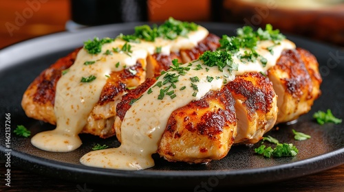 Obraz na płótnie Indulge in crispy Parmesan crusted chicken topped with creamy Gruyere cheese on a rustic dark plate w salonie
