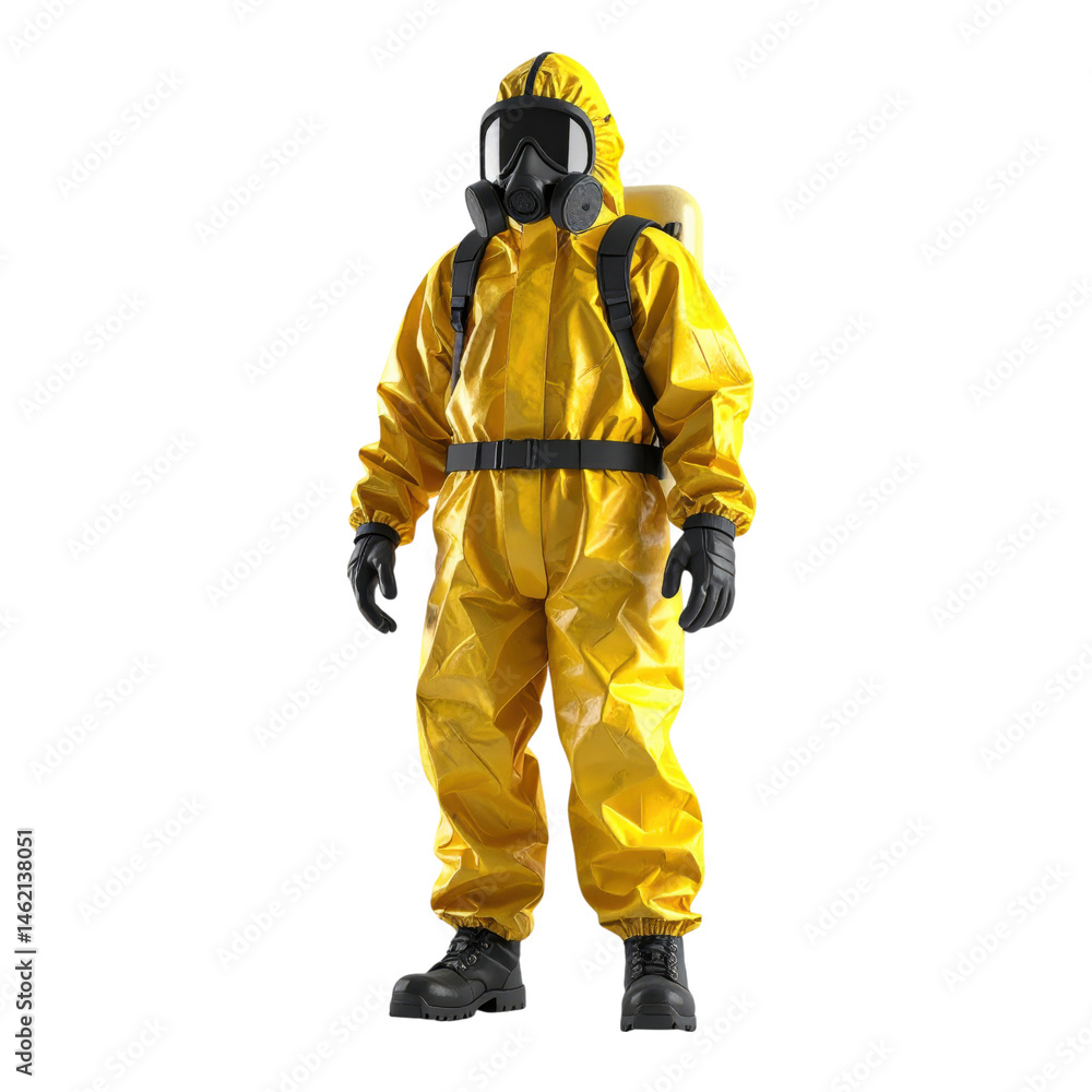 Naklejka premium Person wearing a yellow hazmat suit with gloves, boots, and a full-face respirator mask.