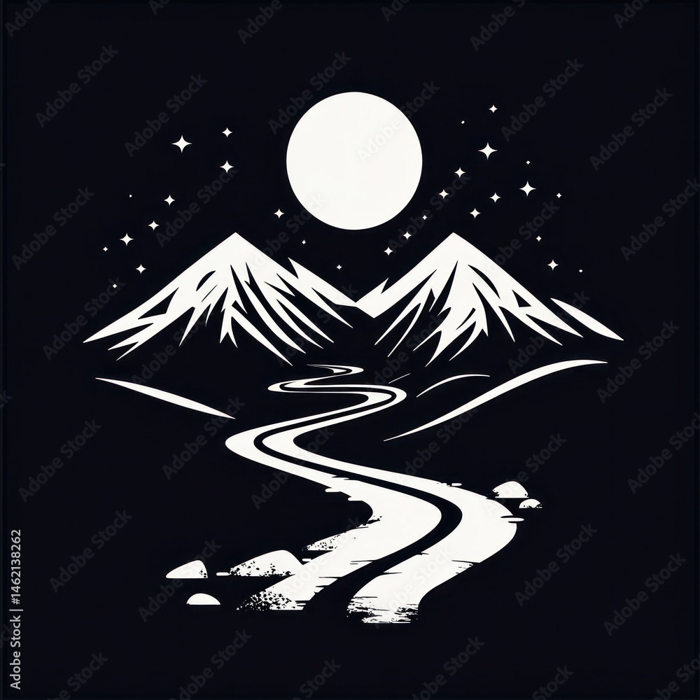 Obraz premium Night mountain landscape with winding river. Possible use stock photo for nature, adventure, travel, or wallpaper