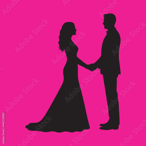 vector illustration of bride and groom silhouettes holding hands at a wedding ceremony