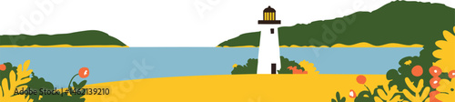 Coastal lighthouse, a beacon of hope against the serene backdrop. The lighthouse stands tall and proud, casting a warm glow and guiding ships safely towards the shore.border, frame border, frame,