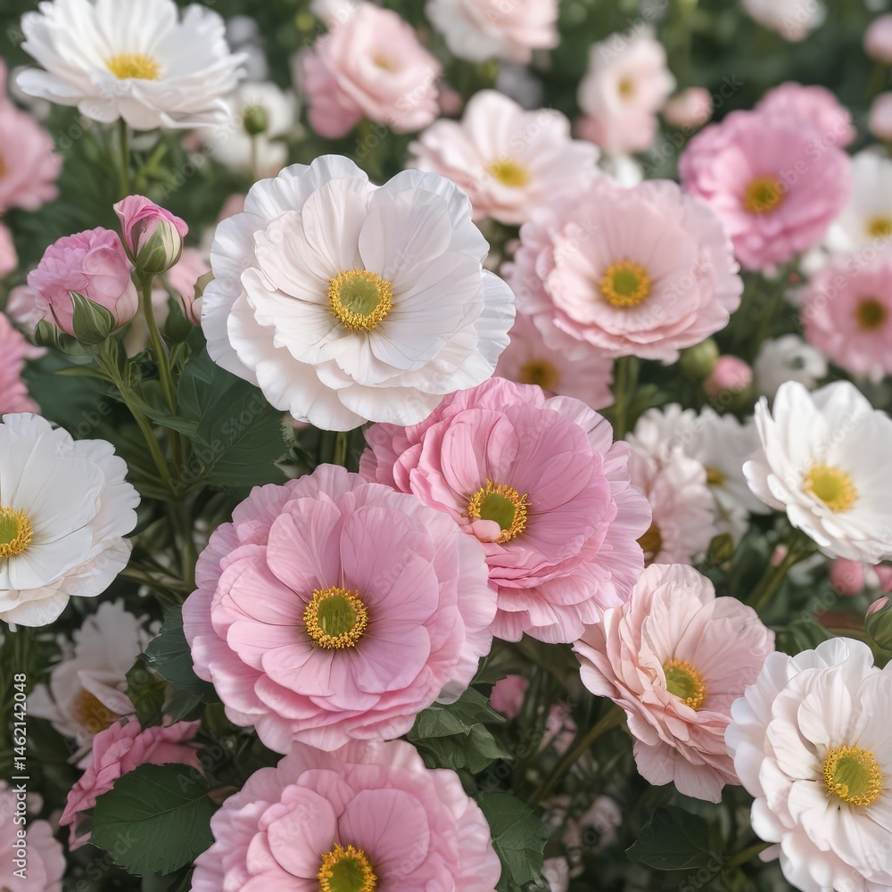 Close-up view of lush pink and white ranunculi, spring vibrancy , white, flora Close-up view of lush pink and white ranunculi, spring vibrancy , white, flora