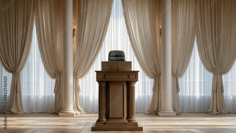 Obraz premium Elegant podium surrounded by soft draping curtains