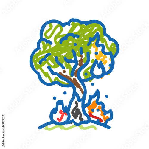 flaming tree wildfire disaster icon doodle illustration