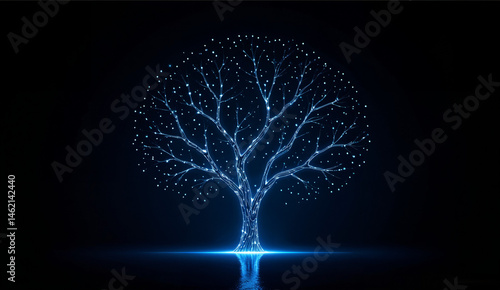 A digital representation of a tree with glowing blue light and numerous dots forming its branches against a dark background