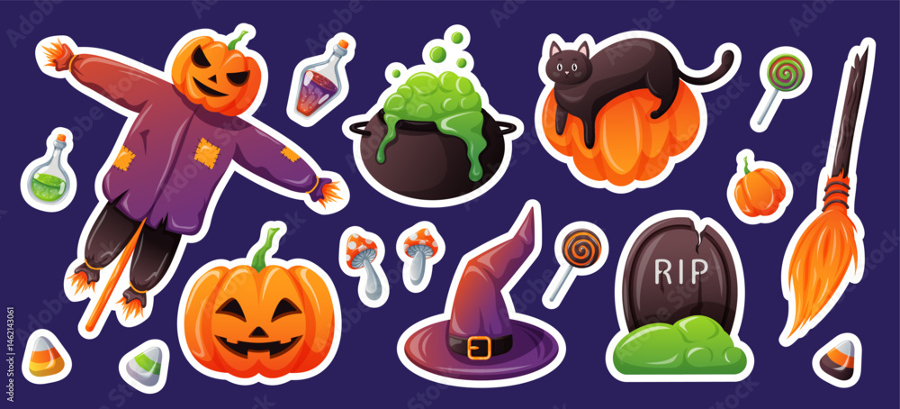 Fototapeta premium Halloween set in cartoon. Icons hat, candy, pumpkin, cauldron, tombstone, cat, potion. Design for greeting card, party invitation, poster, stickers. Vector illustration on a violet background.