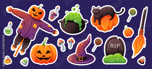 Halloween set in cartoon. Icons hat, candy, pumpkin, cauldron, tombstone, cat, potion. Design for greeting card, party invitation, poster, stickers. Vector illustration on a violet background.