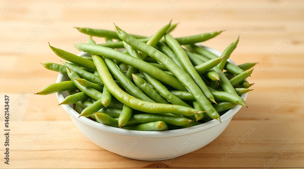 Green Beans in White Enamel Bowl on Wooden Surface Green Beans in White Enamel Bowl on Wooden Surface