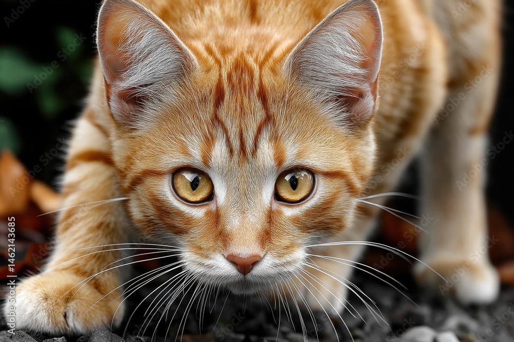 Cute orange baby cat curiously gazes at the camera while exploring the outdoors in a natural setting