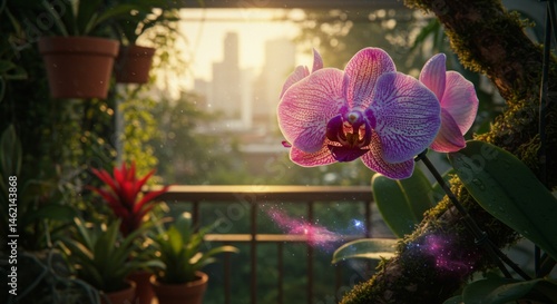 Orchid with city view backdrop, tranquil balcony garden illuminated by light