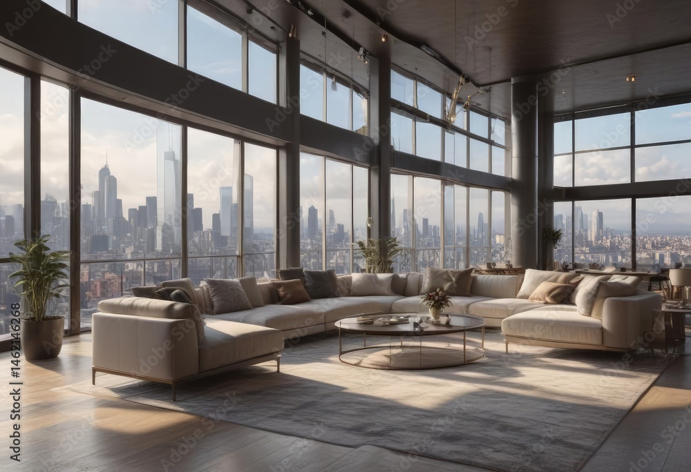 Obraz premium Opulent penthouse interior, panoramic windows , modern, skyscraper