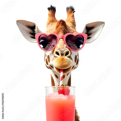 Funny giraffe drinking juice isolated transparent background