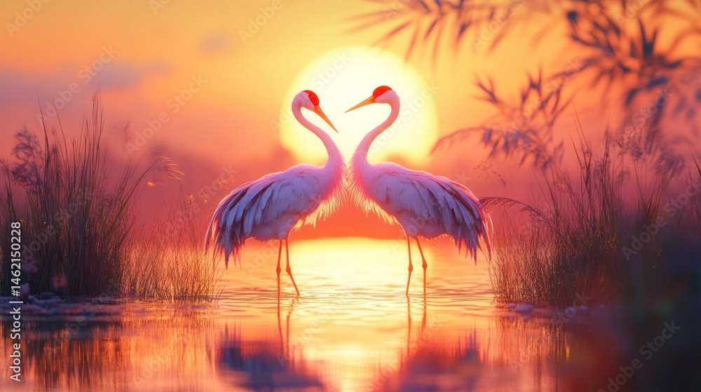 Fototapeta premium Two cranes facing each other during a beautiful sunset over a calm lake