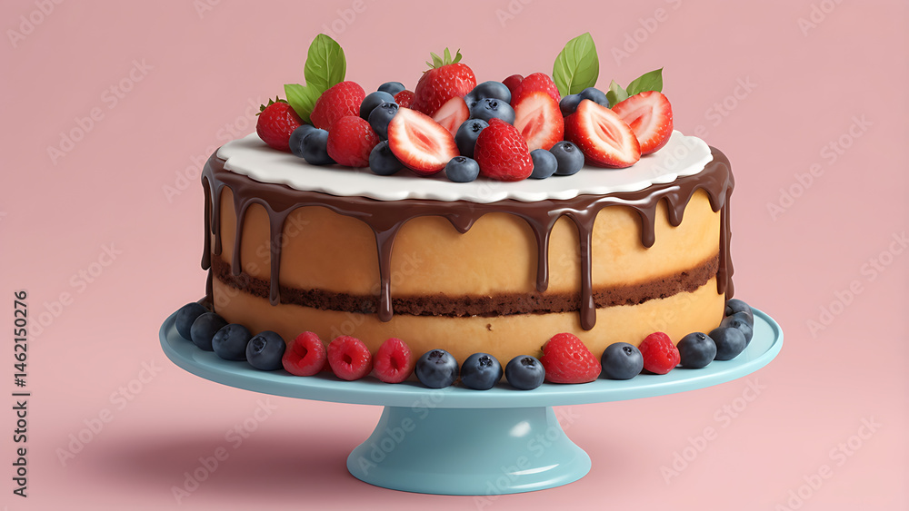 “Delicious Layered Vanilla Cake Slice with Fresh Berries and Chocolate Glaze on Plate – Gourmet Dessert Close-Up. “Delicious Layered Vanilla Cake Slice with Fresh Berries and Chocolate Glaze on Plate – Gourmet Dessert Close-Up.